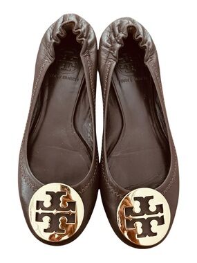 Tory Burch Brown Leather Reva Ballet Flats with Gold Logo Size 5